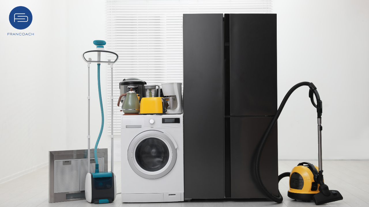 selection of appliances including vacuum, microwave, washing machine, kitchen tools, fridge, and mop, grey background with FranCoach logo in top left corner
